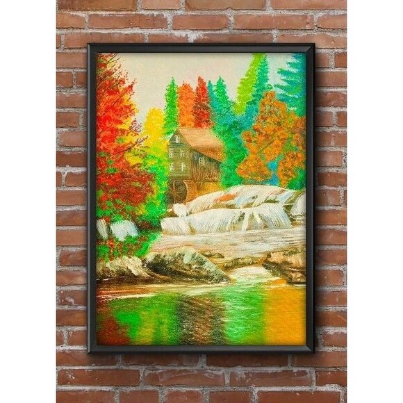 Original Oil Painting 12x16 Autumn Landscape Water Mill Rustic Farmhouse - Picture 3 of 12